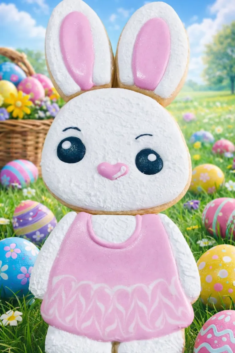 Adorable Easter bunny cookie with pink dress among decorated Easter eggs
