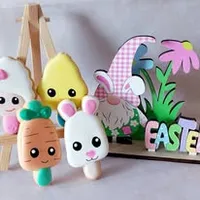 Set of four adorable 6cm Easter lolly iced cookies including bunny, chick, carrot and sheep designs