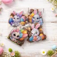 8 mini chocolate treats in cute Easter bunny themed gift bags with colorful eggs and spring flowers
