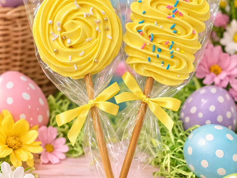 Beautiful yellow meringue pops with sprinkles, wrapped in clear bags with yellow ribbons, surrounded by colorful Easter eggs and spring flowers