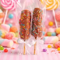 Three chocolate coated marshmallows on sticks with colorful sprinkles, wrapped in clear bags with white ribbons